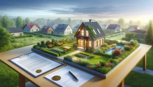Широкое, реалистичное изображение, демонстрирующее спокойную и привлекательную сцену в сообществе садоводческого некоммерческого товарищества (СНТ) с современным и ухоженным домом, символизирующим потенциал для круглогодичного проживания.