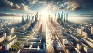 Широкое, реалистичное изображение, демонстрирующее динамичную атмосферу российских городов-миллионников, с современными небоскребами и историческими зданиями под ярким, чистым небом